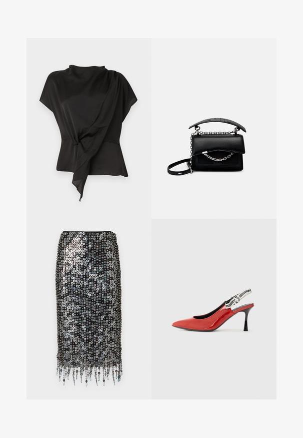 Blusa preta feita de tecido suave, com um design drapeado e um detalhe com nó na cintura e mangas curtas.; Saia preta de lantejoulas com silhueta ajustada, adornada com lantejoulas circulares e detalhes decorativos de franjas na bainha.; Sapato slingback de couro verniz vermelho com bico fino, salto preto e uma faixa decorativa de tecido com um padrão de logotipo repetido.; Bolsa de couro preta com um design estruturado, detalhes em corrente e alça, e uma superfície texturizada. Apresenta um fecho de aba com a marca visível.