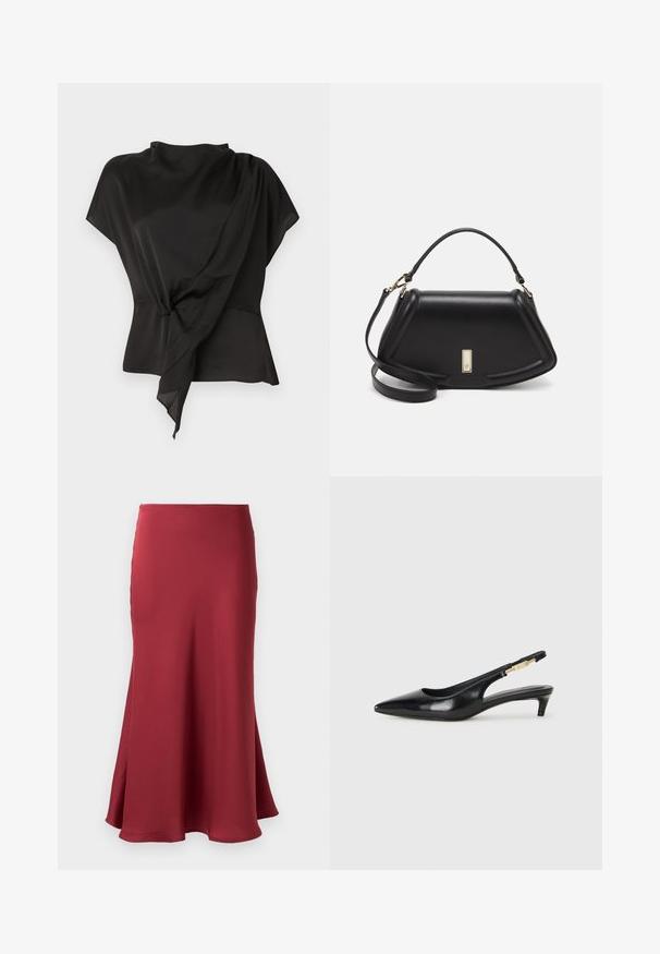 Black blouse made of smooth fabric, featuring a draped design with a knotted detail at the waist and short sleeves.; Burgundy satin skirt with a smooth texture, flared silhouette, and a hem that falls below the knee. No visible hardware or patterns.; Black leather slingback heels with a pointed toe, featuring a slim heel and a gold-tone accent on the adjustable strap. Smooth texture.; Black leather handbag with a structured design, featuring a cropped shape, top handle, and gold hardware accent. Adjustable shoulder strap included.