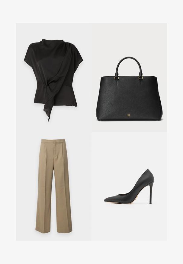 Black blouse made of smooth fabric, featuring a draped design with a knotted detail at the waist and short sleeves.; Beige wide-leg trousers made from a textured fabric. Features front pleats and a flat waistband. No visible fasteners or pockets.; Black high-heeled pump made of smooth leather, featuring a pointed toe, slim stiletto heel, and a subtle gold accent near the heel.; Black leather handbag with structured design, smooth texture, and two top handles. Features gold accents and a logo at the bottom.