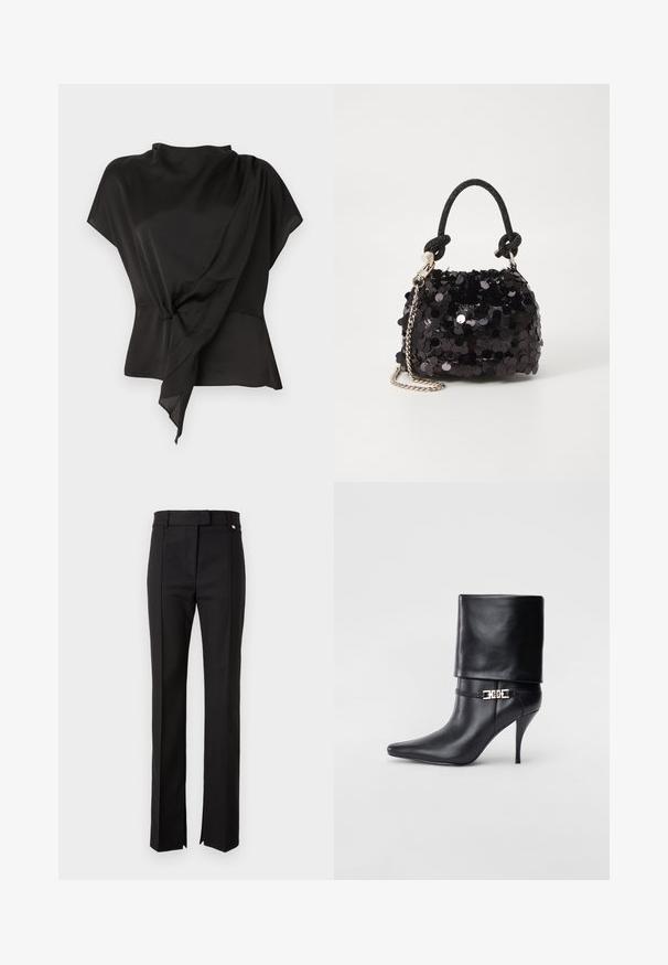 Blusa nera realizzata in tessuto liscio, con un design drappeggiato e un dettaglio annodato in vita, e maniche corte.; Pantaloni neri su misura con design a gamba dritta, dotati di una vita con chiusura a bottone e spacchi laterali all'orlo.; Stivale ankle in pelle nera con punta affusolata, alto tacco a stiletto, risvolto sulla caviglia e un elegante dettaglio in oro con fibbia decorativa.; Mini borsa a tracolla nera in paillettes con una tracolla texturizzata annodata e catena argentata. Forma rotonda con parte superiore arricciata e dettagli riflettenti.