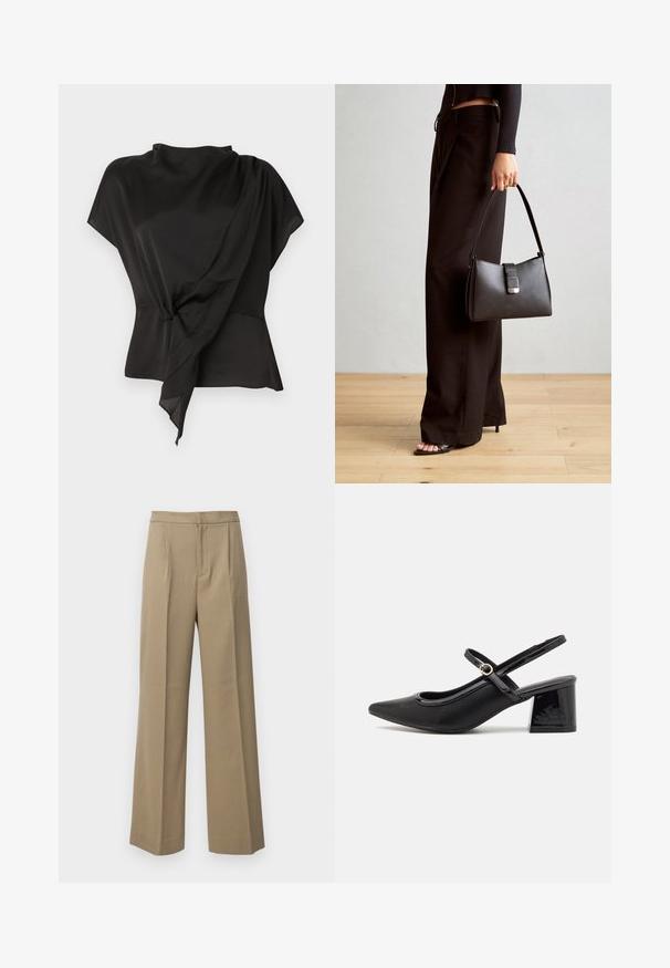Schwarze Bluse aus glattem Stoff, mit einem drapierten Design und einem geknoteten Detail in der Taille sowie kurzen Ärmeln.; Beige weite Hosen aus einem strukturierten Stoff. Mit vorderen Falten und einem flachen Bund. Keine sichtbaren Verschlüsse oder Taschen.; Schwarze Lackleder-Slingback-Absätze mit spitzer Zehenform, einem runden Ausschnitt-Design und einem Blockabsatz. Mit einem goldfarbenen Schnallenakzent.; Schwarze Handtasche mit strukturierter Form, glatter Textur und einem metallischen Verschluss. Kombiniert mit weiten schwarzen Hosen und offenen Sandalen auf einem Holzboden.