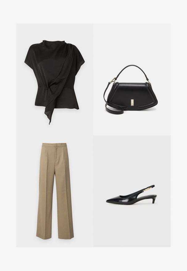 Blusa nera realizzata in tessuto liscio, con un design drappeggiato e un dettaglio annodato in vita, e maniche corte.; Pantaloni a gamba larga beige realizzati in un tessuto testurizzato. Presentano pieghe frontali e una vita piatta. Nessun bottoni o tasche visibili.; Tacchi slingback in pelle nera con punta affusolata, caratterizzati da un tacco alto e un accento dorato sulla cinghia regolabile. Texture liscia.; Borsa a mano in pelle nera con un design strutturato, caratterizzata da una forma corta, manico superiore e accessori in metallo dorato. Inclusa tracolla regolabile.