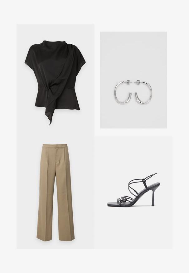 Black blouse made of smooth fabric, featuring a draped design with a knotted detail at the waist and short sleeves.; Beige wide-leg trousers made from a textured fabric. Features front pleats and a flat waistband. No visible fasteners or pockets.; Black high-heeled sandals feature thin straps with a knotted design, a smooth square toe, and a sleek stiletto heel.; Silver hoop earrings with a smooth, shiny finish. Rounded shape, lightweight design, featuring a post-back closure.