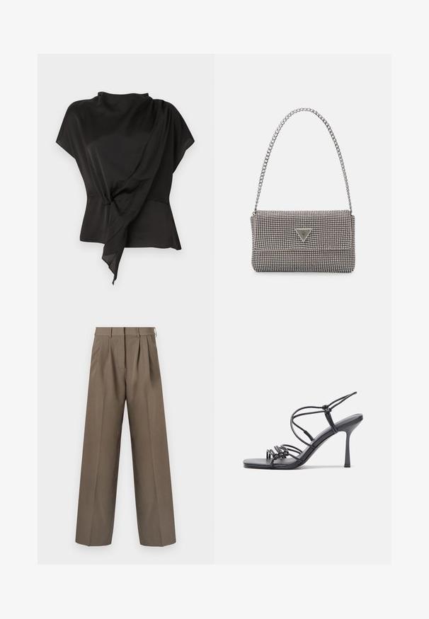 Juoda palaidinė, pagaminta iš lygaus audinio, su drapiruotu dizainu, kuriame yra mazgo detalė ties liemeniu ir trumpomis rankovėmis.; Rudos pritaikytos kelnės su plačiomis kojomis, raukšlėmis ir lygiu tekstūru. Yra prigludusi liemenėlė ir diržo kilpos.; Juodos aukštakulnės sandalai pasižymi plonyčiais dirželiais su mazgo dizainu, lygiu kvadratiniu pirštu ir elegantišku stiletto kulnu.; Šviesiai pilka metalinė rankinė su grandinėlės dirželiu, papuošta mažais apvaliais metaliniais smeigėmis ir trikampiu prekės ženklu.