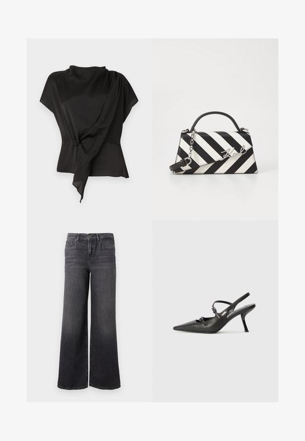 Μαύρη μπλούζα από λείο ύφασμα, με σχέδιο κρεμαστό και κόμπο στη μέση, και κοντά μανίκια.; Φαρδύ παντελόνι από σκούρο γκρι τζιν με υποδειγματική φθορά, με κλείσιμο κουμπιού, πέντε τσέπες και ευθεία ραφή στον αστράγαλο.; Μαύρες δερμάτινες γόβες slingback με μυτερή μύτη, λεπτό τακούνι και διακοσμητική αγκράφα στο επάνω μέρος. Λείος υφής και κομψός σχεδιασμός.; Μαύρη και λευκή ριγέ τσάντα χειρός με δομημένο σχήμα, που διαθέτει επάνω λαβή, αποσπώμενη αλυσίδα και μεταλλικό λογότυπο.