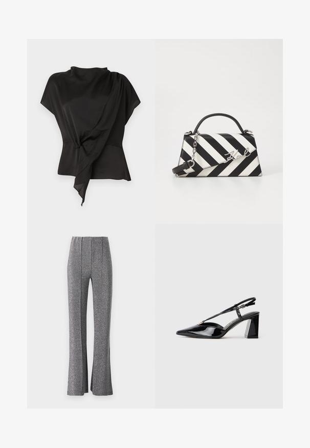 Černá blůza z hladkého materiálu, se skládacím designem a uzlovým detailem v pase a krátkými rukávy.; Zúžené kalhoty z texturované, metalické šedé látky. Mají vysoký pas a přední sklady, což poskytuje upravenou siluetu.; Černé lakované slingback boty na vysokém podpatku s špičatou špičkou, nastavitelným páskem a masivním obdélníkovým podpatkem.; Černo-bílá pruhovaná kabelka se strukturovaným tvarem, vybavená horní rukojetí, odnímatelným řetízkem a kovovým logem.