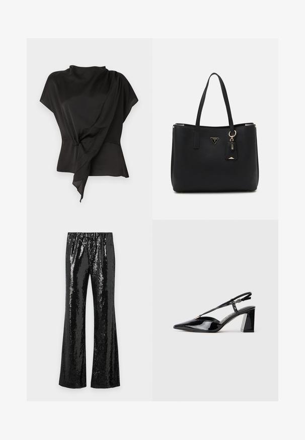 Crna bluzica od glatkog materijala, s drapiranim dizajnom i čvorastim detaljem u struku, te kratkim rukavima.; Crne hlače od šljokica sa širom dizajnom, s rastezljivim pojasom i sjajnom teksturom koja odražava svjetlost. Okomiti uzorak šljokica.; Crne lakirane kožne cipele s otvorenom petom, visoke potpetice, šiljastog prsta, podesivom trakom i debelim pravokutnim potplatom.; Crna torba od teksturiranog sintetičkog materijala, s dva ručka, zlatnom oznakom i malom oznakom s detaljima u boji.