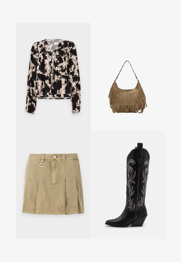 Fekete és krémszínű mintás blúz hosszú ujjakkal, nyakán masni részlettel és a deréknál rugalmas gyűrűzéssel. Simma anyag textúra.; Világos oliva zöld farmer szoknya négy éles redővel, elöl gombos záródással és fém hurok díszítéssel a deréknál.; Fekete bőr cowboy csizmák hegyes orral, wedge sarkakkal és ezüst hímzett virágmintákkal a szár mentén. Kontraszt varrás az egész csizmán.; Barna velúr kézitáska hosszú rojtos részletekkel, ívelt formával és egyetlen vállpánttal. Simító, texturált felülettel rendelkezik.