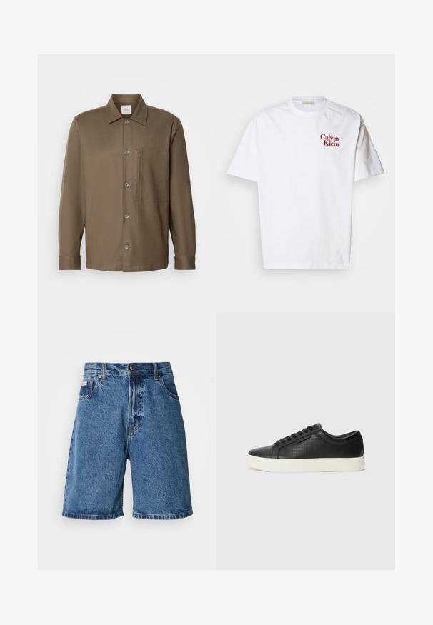 Brun skjorte med knappestolpe, krage, lange ermer, brystlomme og glatt tekstur. Har grå knapper langs fronten.; Hvit bomull t-skjorte med rund hals, korte ermer og rødt brodert "Calvin Klein"-logo på brystet.; Jeansshorts i falmet blå, høy midje-design med to frontlommer, sømdetaljer og knappelukking.; Sorte lær sneakers med perforert tekstur, rund tå og flat hvit gummisåle. Har sorte snørebånd og en subtil logo på siden.
