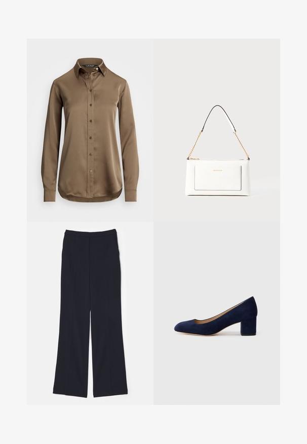 Smeđa satenska košulja dugih rukava s kragnom na kopčanje, prednjim gumbima i zaobljenim rubom. Glatka tekstura i uski kroj.; Mornarsko široke hlače izrađene od glatkog materijala, s visokim strukom i dva prednja nabora koja se protežu niz noge.; Tamno plava suede salonka s šiljastim vrhom i blok petom srednje visine. Glatka tekstura s blagim sjajem i malim izrezom sprijeda.; Bijela kožna torba s teksturiranim završetkom, koja ima zlatni lančić i crne akcentne detalje. Uključuje prednji džep i zatvaranje na patentni zatvarač.