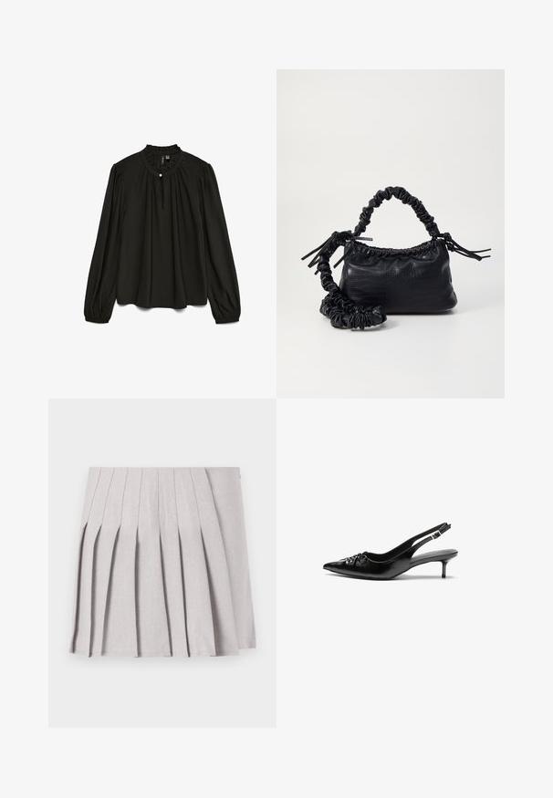 Svart langermet bluse med rynket rund hals, med en subtil knappdetalj og flytende silhuett laget av lett stoff.; Grå plissert skjørt med en glatt tekstur, med flere vertikale folder og en figursydd midje. Laget av lett stoff.; Sorte skinnert remsandaler med spiss tå, liten kittenhæl og en dekorativ knute detalj foran. Glatt tekstur gjennom hele.; Svart faux skinn-håndveske med krokodilletekstur, strammet topp og en rynket stropp. Ser myk og kompakt ut i designen.