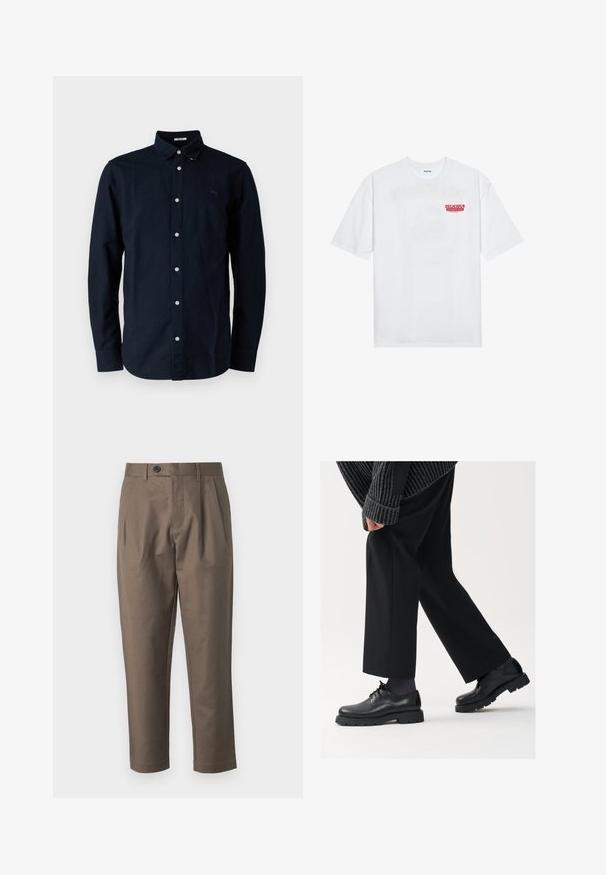 Marinblå knap-op skjorte lavet af bomuld, med klassisk krave, lange ærmer og et lille broderet logo på brystet.; Hvid bomulds t-shirt med korte ærmer, rund hals og rød grafisk tekst "DELICIOUS REFRESHING FRUIT" på forsiden.; Brune, skræddersyede bukser med flad front, to sidelommer og knaplukning. Glat, letvægtsstof med lige ben-design.; Sorte lædersko med rund tå, snørebåndsdesign og tyk, tekstureret sål. Båret sammen med skræddersyede sorte bukser og en ribbet sweater.