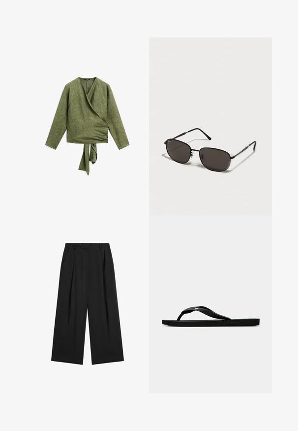 Green linen wrap top with long sleeves, V-neck, and a tie at the waist. The texture is slightly coarse, with a natural finish.; Black wide-leg trousers with a pleated front, crafted from lightweight fabric. Features a high waist and smooth texture. No visible embellishments.; Black rubber flip-flop sandal with a textured thong strap and simple flat sole, shown from side on a plain light background.; Black metal sunglasses with oval frames, dark lenses, slim temples, and a subtle logo on the left lens. Elegant, minimalistic design.