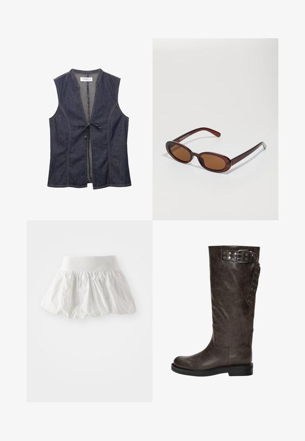 Džínová vesta s výstřihem do V, bez rukávů a s předním zavazováním. Má kontrastní prošívání a měkkou, texturovanou látku.; Bílá mini sukně vyrobená z lehké látky. Má nabíraný, rozšířený design s širokým pasem. Hladká textura, bez viditelných vzorů.; Hnědé kožené vysoké boty k kolenům s texturovaným povrchem, se sponou a cvočkovými detaily na boku, a plochou gumovou podrážkou.; Kulaté sluneční brýle hnědé barvy s lesklým burgundským rámem. Úzké nožičky s jemným logem. Rovné čočky.; Námořnická plátěná taška typu duffel s hnědými koženými popruhy, se zipovým uzávěrem a malým červeným logem na přední straně, s širokým a prostorným designem.; Dvě sponky do vlasů ve tvaru růží: jedna černá a jedna světlounce žlutá, vyrobené z jemné, vrstvené textilie s matným povrchem.