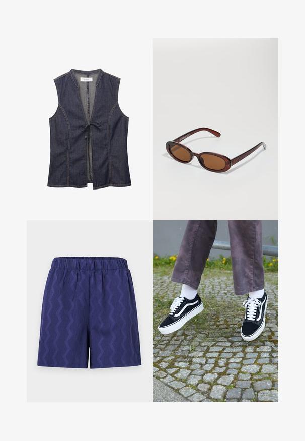 Denimvest met een V-halslijn, mouwloos ontwerp en een sluiting met strik aan de voorkant. Kenmerkt zich door contrasterende stiksels en een zachte, textuurstof.; Marineblauwe shorts met een gestructureerd zigzagpatroon, voorzien van een elastische tailleband voor comfort en een relaxte pasvorm. Gemaakt van lichtgewicht stof.; Zwarte suède sneakers met witte accenten, met een ronde neus, dikke witte zool en klassieke vetersluiting, gedragen met witte sokken en paarse broek.; Ronde, bruin getinte zonnebril met een glanzend bordeauxrood frame. Slanke pootjes met subtiele merkdetails. Vlakke lensontwerp.