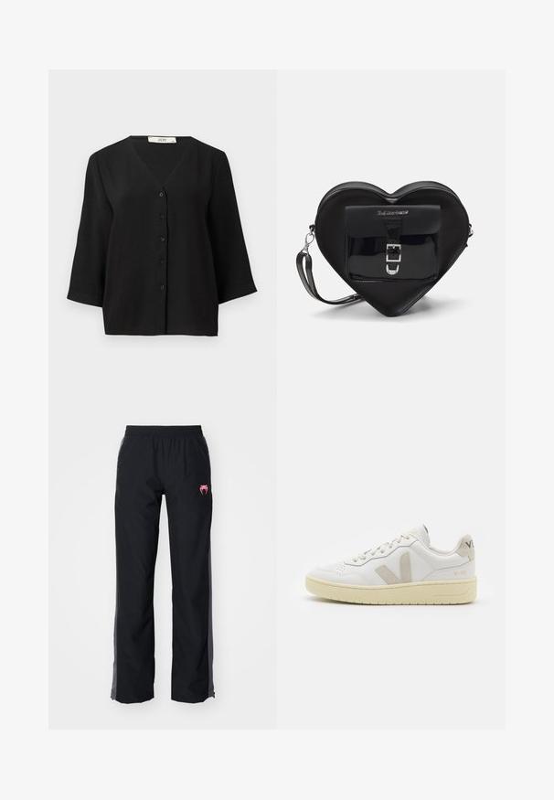 Czarna krótkozasięgowa koszula z guzikami z dekoltem w szpic, wykonana z teksturowanej tkaniny, z sześcioma czarnymi guzikami z przodu.; Czarne spodnie outdoorowe z elastycznym pasem, bocznymi kieszeniami i różowym logo. Posiadają prosty krój nogawek oraz kontrastowe szare akcenty.; Białe skórzane trampki z beżowymi zamszowymi akcentami, perforowanym noskiem, płaskimi sznurowadłami i teksturowaną kremową podeszwą. Posiadają subtelne logo na pięcie.; Czarna torba w kształcie serca wykonana z lakowanej skóry, z przednią kieszenią z zapięciem na klamrę i odczepianym paskiem. Srebrne akcenty metalowe.