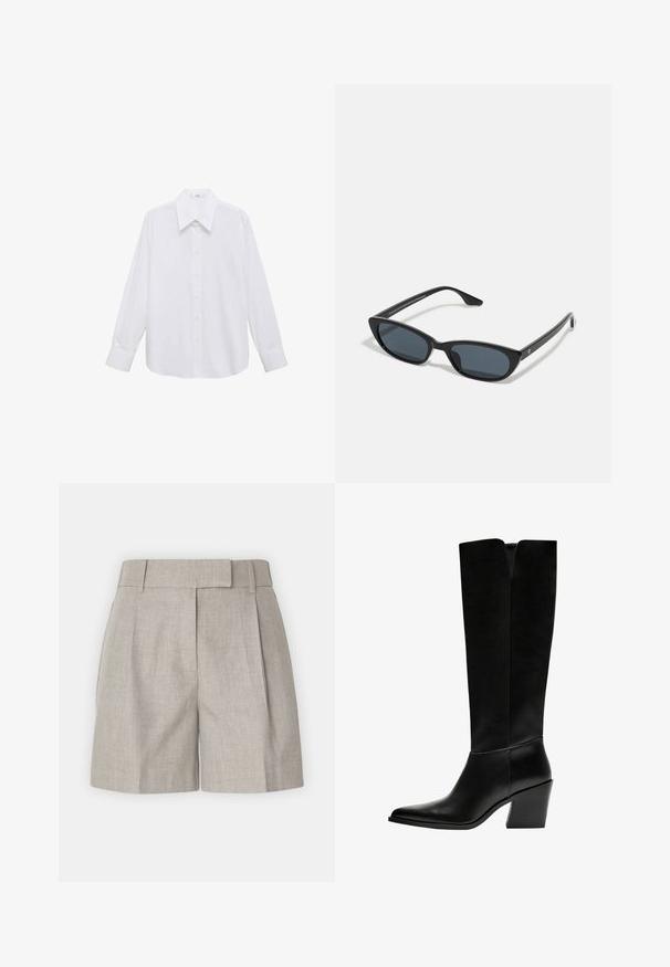 White long-sleeve button-up shirt with a wide spread collar, featuring a smooth texture and front button closure.; Light grey shorts featuring a structured waistband, pleats, and a relaxed fit with a smooth linen texture. Simple and versatile design.; Black knee-high boots made of smooth leather, featuring a pointed toe, a block heel, and a V-shaped cutout at the top.; Black cat-eye sunglasses with dark lenses, plastic frame, slim temples, and subtle branding on the inner arm. Matte finish texture.