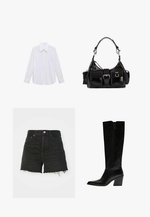 Cămașă albă cu mâneci lungi, cu guler larg, având o textură fină și închidere cu butoane pe față.; Șorturi negre din denim cu talie înaltă, margine desfăcută și cu nituri de nuanță cupru. Au un design clasic cu cinci buzunare și închidere cu nasture.; Cizme negre până la genunchi, fabricate din piele netedă, cu vârf ascuțit, toc pătrat și o decupare în formă de V în partea de sus.; Geantă de mână din piele neagră cu un finisaj lucios, având un bănuț central, două buzunare frontale și o curea scurtă pentru umăr.