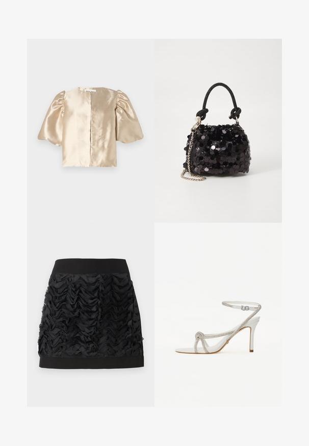 Saténový béžový cropped top s balónovými rukávmi, okrúhlym výstrihom a centrálnym zapínaním. Dizajn má hladkú textúru s jemným leskom.; Čierna mini sukňa s volánkovým predným dielom z chiffon látky, ktorá má hladký čierny pás. Volány vytvárajú textúru a pohyb.; Biele sandále na vysokom opätku s textúrovaným pásikom zdobeným kamienkami, otvorenou špičkou a popruhom okolo členka s nastaviteľnou prackou.; Čierna mini kabelka so štrasom, s uzlovým textúrovaným popruhom a strieborným reťazom. Guľatý tvar s riaseným vrchom a reflexnými detailmi.