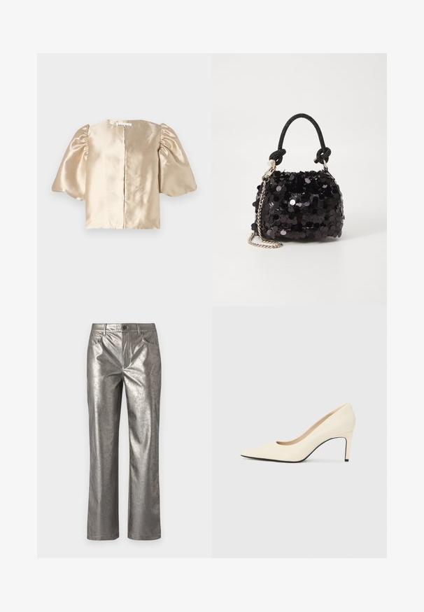 Satin-beigefarbenes Crop-Top mit Puffärmel, rundem Ausschnitt und zentralem Verschluss. Das Design verfügt über eine glatte Textur mit einem subtilen Schimmer.; Metallic silberne Hose im geraden Schnitt, mit fünf Taschen und einem Knopfverschluss. Glatte Textur mit einem subtilen Glanz und minimalistischer Gestaltung.; Weiße Leder-Pumps mit hohen Absätzen, spitz zulaufender Zehenpartie, glatter Textur und schwarzem Sohlenakzent. Klassisches Design mit moderater Absatzhöhe.; Schwarze Pailletten-Mini-Handtasche mit einem geknoteten, strukturierten Tragegurt und einer silbernen Kette. Abgerundete Form mit gerafftem oberen Teil und reflektierenden Details.