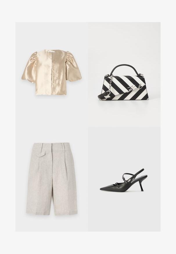 Satin beige cropped top with puff sleeves, round neckline, and central closure. The design features a smooth texture with a subtle sheen.; Beige linen shorts with a tailored design, featuring a front pleat, a single button closure, and a simple waistband.; Black leather slingback heels with a pointed toe, slender heel, and decorative buckle detail on the vamp. Smooth texture and sleek design.; Black and white striped handbag with a structured shape, featuring a top handle, a detachable chain strap, and metallic logo accent.