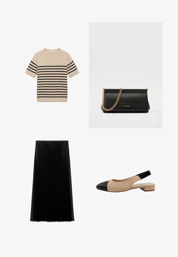 Beige trui met korte mouwen en zwarte horizontale strepen, ronde halslijn en gebreide textuur. Eenvoudig, klassiek ontwerp zonder extra accenten.; Zwarte geplisseerde midi-jurk met textuurstof, met verticale plooien en een aansluitende tailleband, wat zorgt voor een vloeiende silhouette.; Beige leren slingback schoen met een zwarte kaptoog, lage blokhak en een textuurelastische band voor een verstelbare pasvorm.; Zwarte leren clutch tas met een gouden kettinghengsel, voorzien van een gladde textuur, rechthoekige vorm en reliëfmerk op de voorkant.