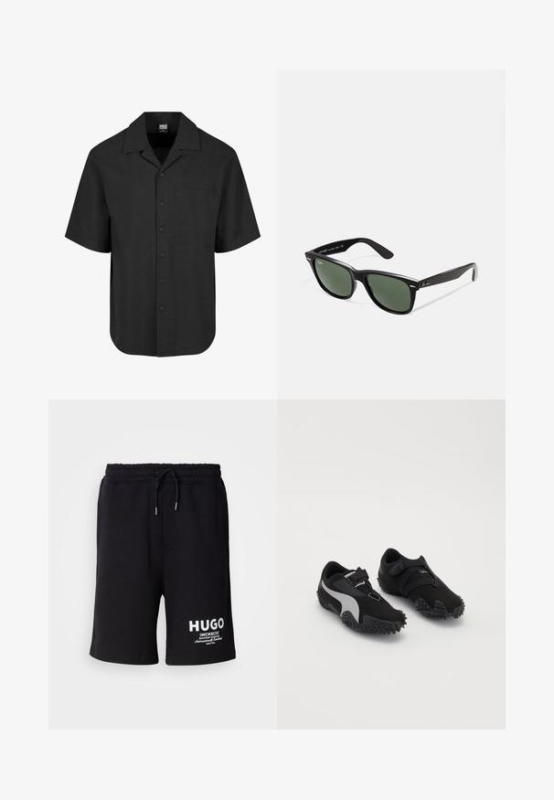 Fekete, rövid ujjú ing, texturált mintával, hegyes gallérral és elülső zsebbel. Gombbal záródik az elején.; Fekete pamut rövidnadrág, rugalmas derékkal és húzózsinórral. Fehér "HUGO" logó a bal lábszáron. Egyszerű dizájn, térdhez érő vágás.; Fekete sportcipők textúrált talppal, karcsú sziluettel és szürke díszítéssel; biztos rögzítő pánttal és cipőfűzővel rendelkezik.; Fekete műanyag napszemüveg zöld lencsékkel, négyzet alakú kerettel, ezüst díszítéssel a keret felső részén, valamint texturált szárakkal. A márka neve a belső száron található.