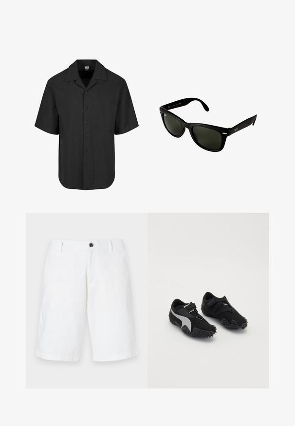 Crna majica kratkih rukava s teksturiranim uzorkom, šiljastim ovratnikom i prednjim džepom. Zatvaranje gumbar s prednje strane.; Bijele lanene kratke hlače s opuštenim fitom, s jednim zatvaranjem na dugme, petljama za remen i bočnim džepovima. Glatka tekstura i ravni rub.; Crne sportske cipele s teksturiranim potplatima, elegantnim siluetom i sivim akcentima; imaju sigurnosnu traku za pričvršćivanje i zatvaranje na vezanje.; Crne plastične sunčane naočale s tamnozelenim staklima. Kvadratni dizajn okvira ima srebrne akcentne detalje i ugravirani logo na sljepoočnici.; Srebrni metalni ručni sat sa kvadratnim kućištem, bijelim brojčanikom, rimskim brojevima i srebrnom narukvicom od karika. Ima vodootporan dizajn.