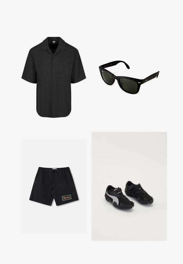 Cămașă neagră cu mâneci scurte, prezentând un model texturat, un guler ascuțit și o buzunar frontal. Închidere cu nasturi pe toată lungimea frontului.; Pantaloni scurți de baie negri cu talie elastică și șnur. Prezintă o margine florală verde cu textul „Rivolia” pe piciorul stâng.; Pantofi sport negri cu talpă texturată, o siluetă elegantă și un design cu accente gri; au o curea de prindere sigură și un sistem de șireturi.; Ochelari de soare din plastic negru cu lentile de un verde închis. Designul cu ramă pătrată are accente argintii și un logo embosat pe pozitiv.; Ceas de mână din metal argintiu, cu carcasă pătrată, cadran alb, cifre romane și brățară cu zale argintii. Dispune de un design rezistent la apă.