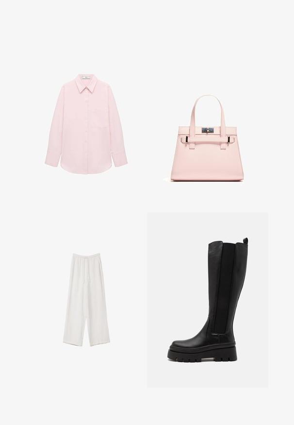 Camicetta rosa chiaro a maniche lunghe con chiusura a bottoni, colletto a punta, taschino singolo e texture liscia. Presenta maniche con polsini.; Pantaloni a gamba larga bianchi realizzati in un tessuto leggero. Presentano una vita elastica con cordoncino e tasche laterali. Texture liscia.; Stivale nero al ginocchio realizzato in pelle liscia, con pannelli laterali elastici, suola platform spessa e texture scanalata sulla base.; Borsa a mano strutturata di colore rosa, realizzata in pelle testurizzata, con due manici superiori, chiusura a scatto e dettagli metallici a contrasto.