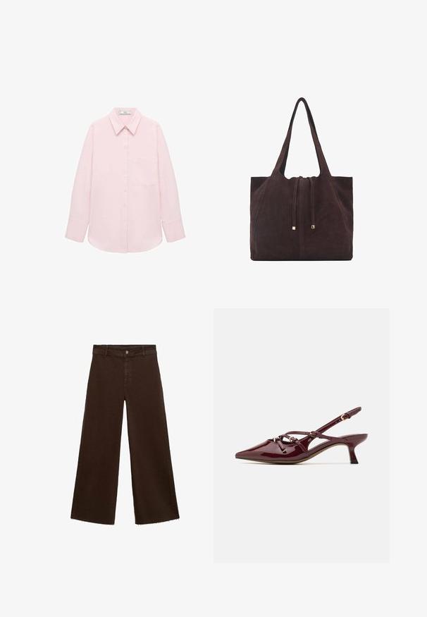 Lichtroze langemouwen overhemd met knoopsluiting aan de voorkant, puntige kraag, enkele zak en een gladde textuur. Het heeft omslagmouwen.; Bruine wijde broek in katoenmix, met een rafelige zoom, sluiting met een knoop aan de voorkant en een klassieke vijf-pocketstijl. Minimalistisch en veelzijdig.; Bordeaux patent leren slingback schoen met een puntige neus, een kleine hak, decoratieve banddetails en een glanzende afwerking.; Mango Shopper - dark brown
