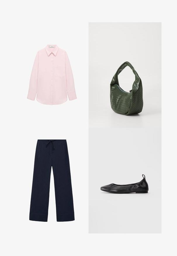 Svetlo roza majica z dolgimi rokavi, z gumbom na sprednji strani, s koničastim ovratnikom, enim žepom in gladko teksturo. Ima manšete z zavihki.; Mornarske široke hlače z vzorcem pinstripe, ki imajo elastičen pas z vrvico, stranske žepe in teksturirano tkanino.; Črne usnjene balerinke s zaobljenim nosom, z zloženim elastičnim stranicami in tabom za vlečenje na peti, prikazane na svetli podlagi.; Zelena pletena usnjena torba s konkavno oblikovanim ročajem in zadrgo. Ima teksturirano, vzorčasto površino ter mehko, sproščeno obliko.; Rdeči krožni uhani s perlicami z awkim površjem in zlato-naročnikom za zapiranje. Krog oblike z odprtim središčem in okroglimi podrobnostmi z biseri.