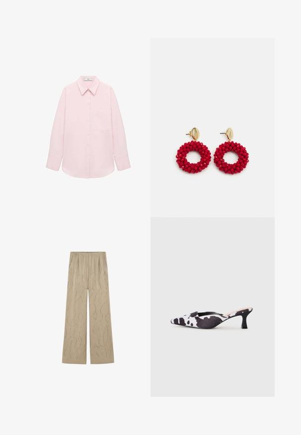 Světle růžová dlouhá košile s knoflíkovým zapínáním, špičatým límcem, jednou kapsou a hladkou texturou. Má manžety se zapínáním.; Béžové kalhoty širokého střihu vyrobené z hladkého materiálu, s vlnitým stříbrným vzorem a elastickým pasem, se bočními kapsami.; Sandalové lodičky s špičatou špičkou a zúženým páskem v černobílem vzoru kravské kůže. Textilní svršek s texturovaným povrchem a štíhlým černým podpatkem.; Červené kroužkové náušnice pokryté korálky s texturovaným povrchem a pozlaceným uzávěrem. Kulatý tvar s otevřeným středem a zaoblenými detaily korálků.