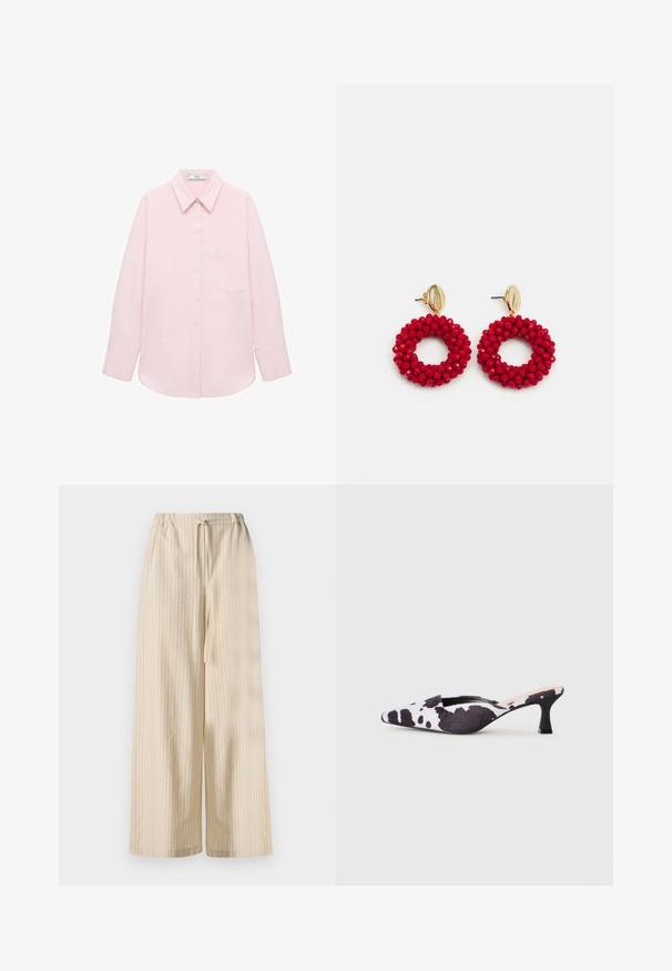 Svijetlo ružičasta košulja dugih rukava s dugmićima sprijeda, izrezom u obliku točke, jednim džepom i glatkom teksturom. Ima rukave s manžetama.; Svijetlosmeđe široke hlače od mekog materijala, s vertikalnim prugama i elastičnom strukom s detaljem vezice.; Cipele sa otvorenom petom i šiljastim vrhom u crno-bijelom uzorku kravlje kože. Gornjište od tkanine sa teksturiranim završetkom i uska crna potpetica.; Crvene naušnice od perlica u obliku obruča s teksturiranom površinom i zlatnim postom za zatvaranje. Kružni oblik s otvorenim središtem i zaobljenim detaljima od perlica.