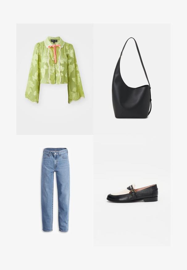 Gaiši zaļa, caurspīdīga blūze ar ziedu rakstu, garām piedurknēm un mežģīņu apdari. Iezīmēta ar rozā lentes saitēm apkaklē un pogu aizdari.; Gaiši zili džinsi, izgatavoti no denim, ar brīvu piegriezumu, taisnu kāju, piecu kabatu dizainu un strīpainām apakšmalām, lai radītu ikdienišķu izskatu.; Melna un bēša ādas mokasīnas ar noapaļotu purngalu, kurām sānu siksniņā ir zelta toņu sprādze un zems, plakans papēdis.; Melnas ādas hobo soma ar gludu tekstūru, izliekta forma un vienu regulējamu jostu; augšā ir plaša atvere.