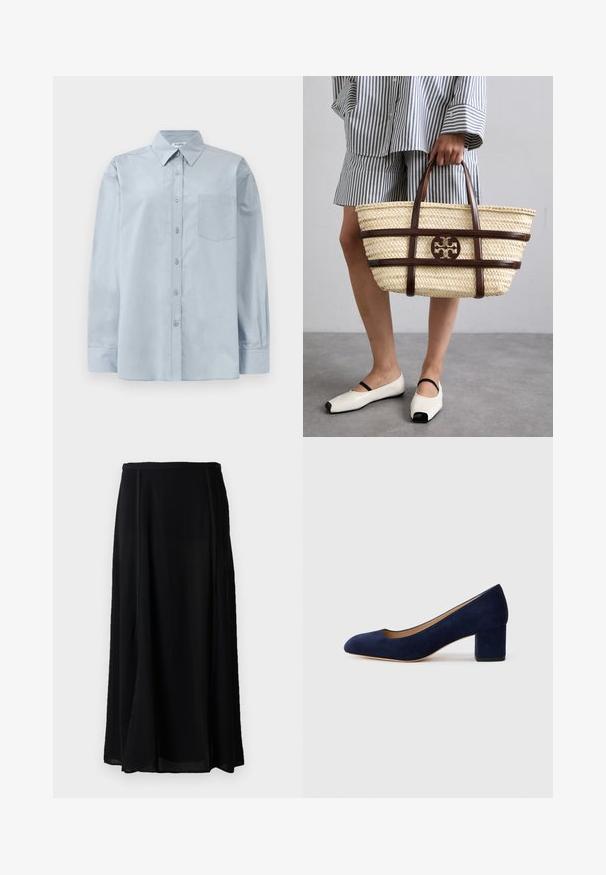 Ανοιχτό μπλε πουκάμισο με μακριά μανίκια, κουμπιά και μυτερό γιακά, με τσέπη στο στήθος, απλωμένο σε λευκό φόντο.; Μαύρη μάξι φούστα από ελαφρύ ύφασμα, με ρέουσα σχεδίαση, μονόχρωμο μαύρο χρώμα και διακριτές λεπτομέρειες στις πλευρικές ραφές.; Ναυτικό μπλε σουέτ γόβες με αιχμηρή μύτη και μεσαίο φαρδύ τακούνι. Λείο υλικό με απαλό γυαλιστερό φινίρισμα και μικρή κοπή εμπρός.; Πλεκτή τσάντα από άχυρο με καφέ δερμάτινες λεπτομέρειες και λαβές. Διαθέτει λογότυπο με κοπή και αντίθετες οριζόντιες ταινίες.