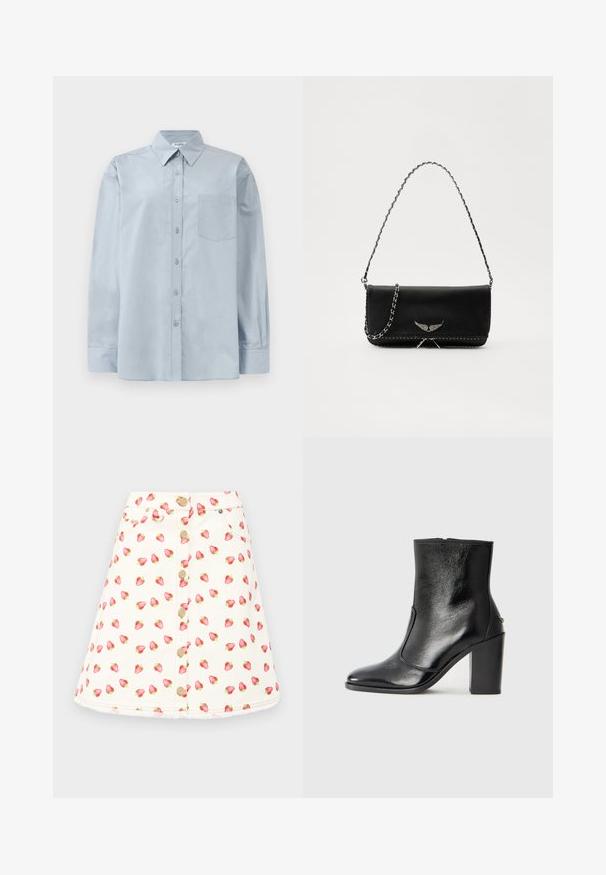 Cămașă albastru deschis cu mânecă lungă, cu guler ascuțit și buzunar pe piept, așezată pe un fundal alb.; O fustă crem cu formă în A, cu un imprimeu de căpșuni, butoane metalice pe toată lungimea frontală și buzunare laterale. Textură din bumbac moale.; Botină din piele neagră, cu o textură netedă, vârf ascuțit și toc gros, înalt. Dispune de o deschidere laterală și un design minimalist.; Geantă de mână din piele neagră cu un lanț din argint, având accente decorative în formă de aripi și cusături albe de-a lungul cusăturii de jos.