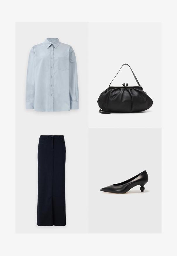 Hellblaues Langarmhemd mit Knopfverschluss, spitzem Kragen und Brusttasche, flach auf einem weißen Hintergrund ausgelegt.; Navyblaue lange Jeansrock mit geradem Schnitt, Knopfleiste vorne, Gürtelschlaufen und vorderen Taschen. Glatte Textur.; Schwarze Leder-Pumps mit spitzem Zehenbereich und runder, ballförmiger Ferse. Glatte Textur mit einem eleganten, minimalistischen Design.; Schwarze Lederhandtasche mit einer runden, gefalteten Form. Verfügt über einen metallischen Verschluss mit zwei dekorativen Kugeln und einem schmalen, abnehmbaren Tragegurt.