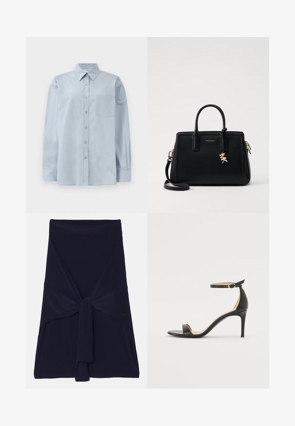 Gai zila garām piedurknēm pogājama krekla ar norādītu apkakli un krūšu kabatu, izlikts uz balta fona.; Tums zilas apvalka svārki, izgatavoti no mīksta, elastīga auduma ar mezgla dizainu priekšpusē, ar gludu tekstūru un piegrieztiem maliem.; Melnas ādas augstpapēžu sandales ar potītes siksniņu. Iezīmes gluda tekstūra, atvērta purngala un plāna papēža. Zelta krāsas sprādzes detaļa.; Melnas ādas rokas soma ar strukturētu dizainu, dubultiem augšējiem rokturiem, noņemamu plecu siksnu, zelta aparatūru un logo piekariņu akcentu.