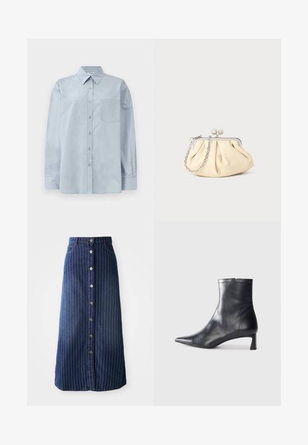 Heled sinine pikendatud varrukatega nööbiga särk terava krae ja rinnataskuga, asetatud tasasele valgele taustale.; Tume denim maxi seelik, millel on vertikaalsed valged triibud, eest nupuvajutus ja veidi laienev alumine äär. Omab viit nuppu ja kontrastset õmblust.; Mustad mustall nahkasaabas terava nina ja stiilse disainiga. Omab madalat konts ja luku sulgemist taga. Sile tekstuur.; Kortsus beežist nahast kotike, millel on hõbedane metallraam, kaunistatud kahe ümmarguse dekoratiivse lukuga ja hõbedase ketispideme.