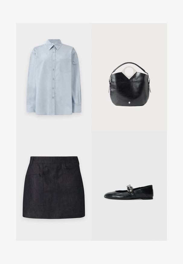 Svetlo modrá košeľa s dlhým rukávom, gombíková, s špicatým golierom a náprsníkom, položená na bielom pozadí.; Tmavý denimový sukňa so rovnými strihom, ktorá má dve predné vrecká a jemnú textúru. Čistý lem a štandardný dizajn pásu.; Čierne kožené baletky s špicatou špičkou, so pásikom s okrúhlou kovovou sponou a plochou podrážkou.; Čierna kožená taška s zakriveným tvarom, kruhovou hornou rukoväťou a strieborným logom. Hladký povrch a výnimočný dizajn s výrezmi.