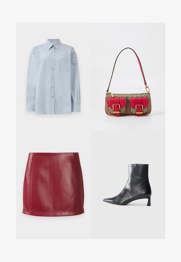 Gai zila garām piedurknēm pogājama krekla ar norādītu apkakli un krūšu kabatu, izlikts uz balta fona.; Sarkans mākslīgās ādas mini svārciņš ar gludu tekstūru, pieguļošu dizainu un taisnu apakšdaļu, kam ir nedaudz spīduma un diagonālu rakstu detaļas.; Melnas ādas potītes zābaki ar norādītu pirkstu un elegantu dizainu. Iezīmē zemu papēdi un rāvējslēdzēja aizdari aizmugurē. Gluda tekstūra.; Soma ar ģeometrisku brūnu rakstu, sarkaniem ādas akcentiem, diviem priekšējiem kabatām ar sprādzēm un plānu plecu siksnu. Zelta apdares detaļas.