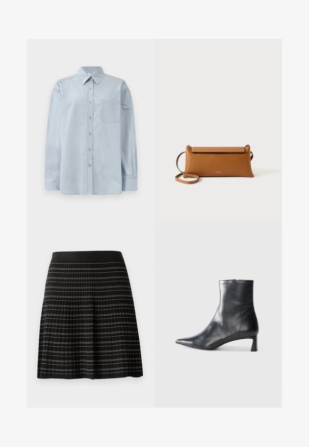 Camicia a maniche lunghe blu chiaro con colletto a punta e taschino sul petto, stesa su uno sfondo bianco.; Gonna nera plissettata con cintura liscia, caratterizzata da sottili righe orizzontali contrastanti in argento e bianco su tutta la stoffa.; Stivaletto in pelle nera con punta affusolata e design elegante. Presenta un tacco basso e una chiusura con zip sul retro. Texture liscia.; Borsa a pochette in pelle marrone, forma rettangolare, superficie texturizzata, tracolla removibile, chiusura con zip, logo in rilievo discreto sulla parte anteriore.