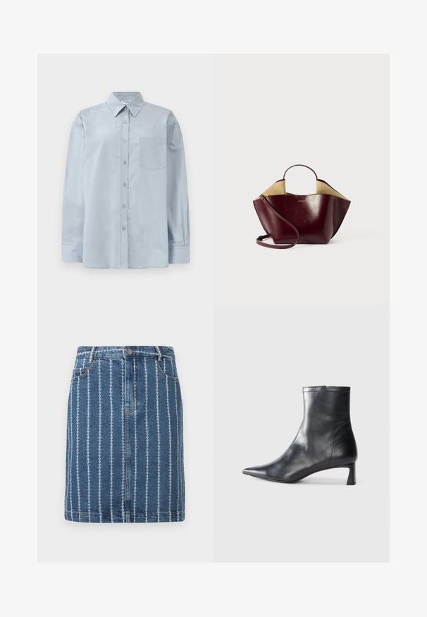 Hellblaues Langarmhemd mit Knopfverschluss, spitzem Kragen und Brusttasche, flach auf einem weißen Hintergrund ausgelegt.; Denimrock mit vertikalen weißen Streifen, der einen Bund, Eingrifftaschen und einen geraden Schnitt aufweist. Blaues Gewebe mit einer leicht ausgebleichten Textur.; Schwarze Lederstiefelette mit spitzer Zehe und schlankem Design. Verfügt über einen niedrigen Absatz und einen Reißverschluss hinten. Glatte Textur.; Burgunderfarbene Lederhandtasche mit strukturierter Form, ausgestattet mit einem kurzen Griff, einem langen Schulterriemen und einem kontrastierenden beigen Innenraum.