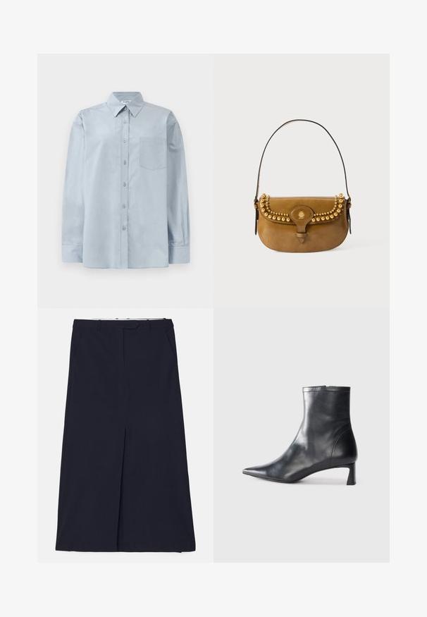 Lichtblauw overhemd met lange mouwen, knoopsluiting, spitse kraag en borstzak, plat gelegd op een witte achtergrond.; DESIGNERS REMIX SCOTT LONG SKIRT - Maxirok - navy; Zwarte leren enkellaars met een spitse neus en een slank ontwerp. Heeft een lage hak en een ritssluiting aan de achterkant. Gladde textuur.; Bruine leren handtas met een gebogen vorm, voorzien van gouden studs langs de bovenkant, een korte schouderband en een sluiting met een gesp.
