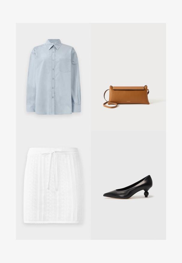 Lysblå langærmet skjorte med knapper, spidse krave og brystlomme, liggende fladt på en hvid baggrund.; Strikket hvid nederdel med et struktureret mønster og lodrette striber; har en snor i taljen og en bølget kant.; Sort læder høje hæle med spids tå og rund, kugleformet hæl. Glat tekstur med et stilrent, minimalistisk design.; Brun læder clutch taske, rektangulær form, tekstureret overflade, aftagelig rem, lynlås lukning, diskret logo præget på forsiden.
