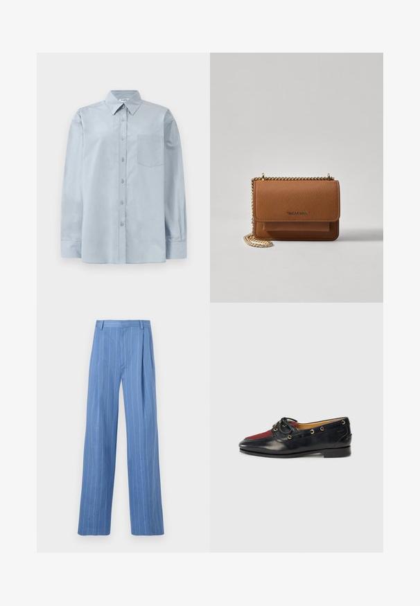 Gai zila garām piedurknēm pogājama krekla ar norādītu apkakli un krūšu kabatu, izlikts uz balta fona.; Gaiši zili platajā kāja bikses ar vertikālām balta līnijām. Izgatavotas no gluda materiāla, ar priekšējo kroku un vienkāršu jostas dizainu.; Melna ādas laivu kurpe ar sarkanu zamšu purngalu, zelta acīm un dekoratīvu loku. Gluda tekstūra ar zemu bloku papēdi.; Brūna teksturēta ādas plecu soma ar zelta ķēdes siksnu un atloka aizdari. Priekšpusē ir logotipa detaļa un kabata zem atloka.