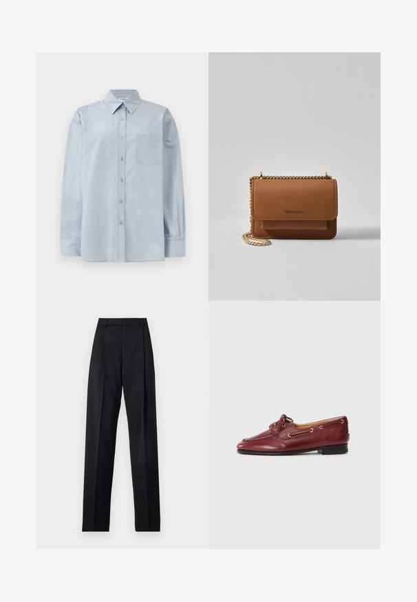 Light blue long-sleeve button-up shirt with pointed collar and chest pocket, laid flat on a white background.; Black trousers made from smooth fabric featuring a high waist, wide legs, front pleats, and classic belt loops. No side pockets visible.; Burgundy leather boat shoes with a rounded toe, lace-up design, gold eyelets, and a low black sole. Smooth texture with stitching details.; Brown textured leather crossbody bag with gold chain strap and flap closure. Front features logo detail and a pocket under the flap.