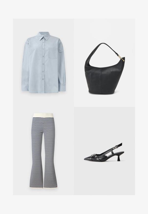 Hellblaues Langarmhemd mit Knopfverschluss, spitzem Kragen und Brusttasche, flach auf einem weißen Hintergrund ausgelegt.; Gestreifte Schlaghosen mit einem weichen elfenbeinfarbenen Bund, die marineblau-weiße horizontale Streifen und einen zarten Spitzenbesatz am Saum aufweisen.; Schwarzer Leder-Slingback-Schuh mit spitz zulaufender Zehenpartie, dekorativen Riemen mit METALLÖSEN und niedrigem Blockabsatz. Strukturelle Oberfläche.; Schwarze Lederhandtasche mit abgerundeter Form, breitem Tragegurt und strukturiertem Finish. Besitzt eine subtile Nahtdetails und einen Akzent aus goldfarbenem Metall.