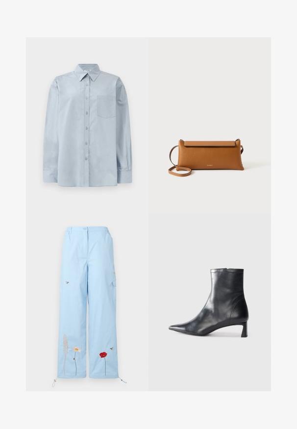 Camisa azul claro de manga longa, com colarinho pontudo e bolso no peito, disposta em cima de um fundo branco.; Calças largas azul claro com bordados de flores e abelhas, apresentando um acabamento com cordão e bolsos frontais. Tecido de algodão com textura suave.; Bota de tornozelo em pele preta com biqueira apontada e um design elegante. Apresenta um salto baixo e um fecho com zipper na parte de trás. Textura suave.; Pasta de mão em couro castanho, formato retangular, superfície texturizada, alça destacável, fecho de correr, logotipo subtil embutido na parte da frente.